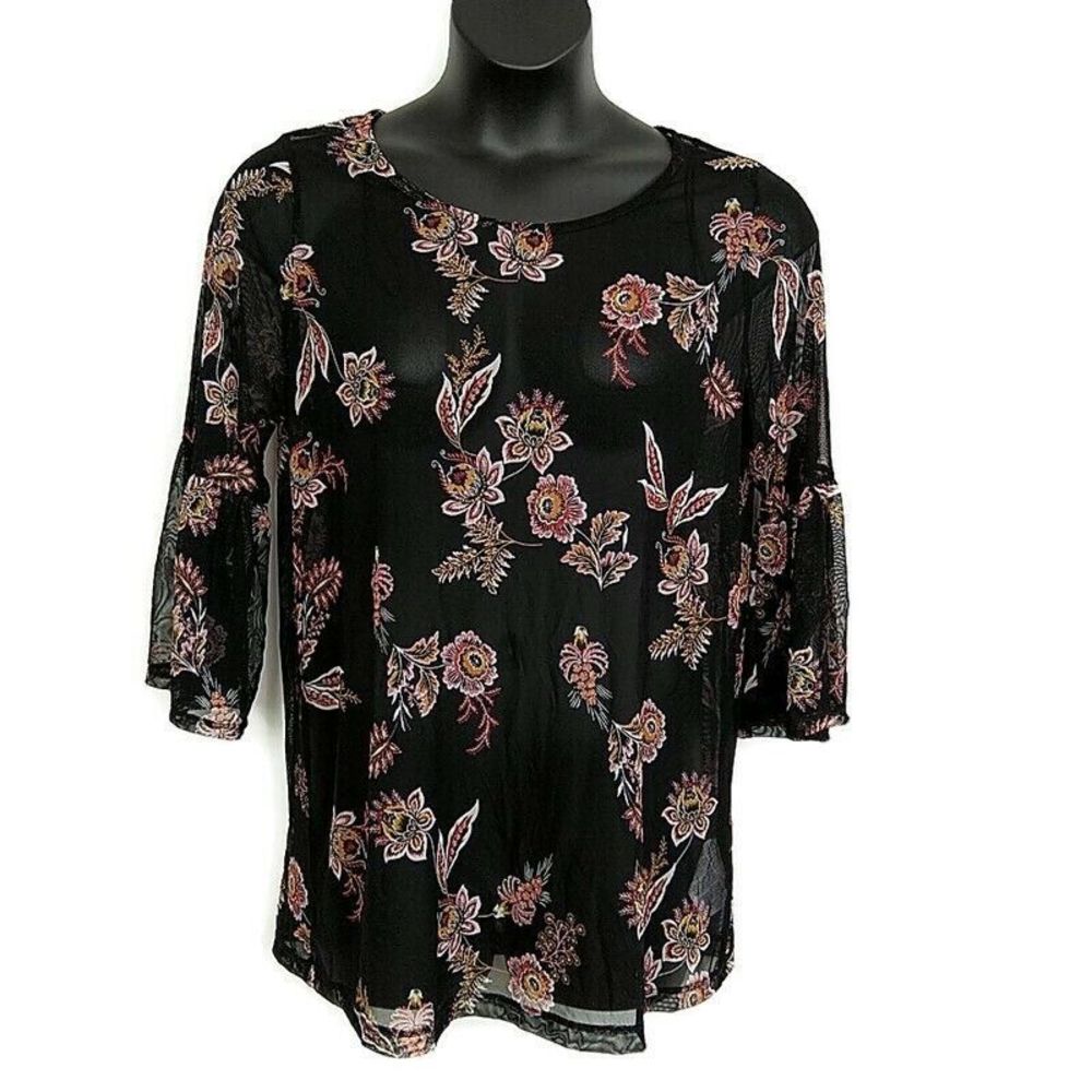 NWT Love & Legend Womens sz 1X Top Black Floral Ruffle 3/4 Sleeve Sheer Blouse